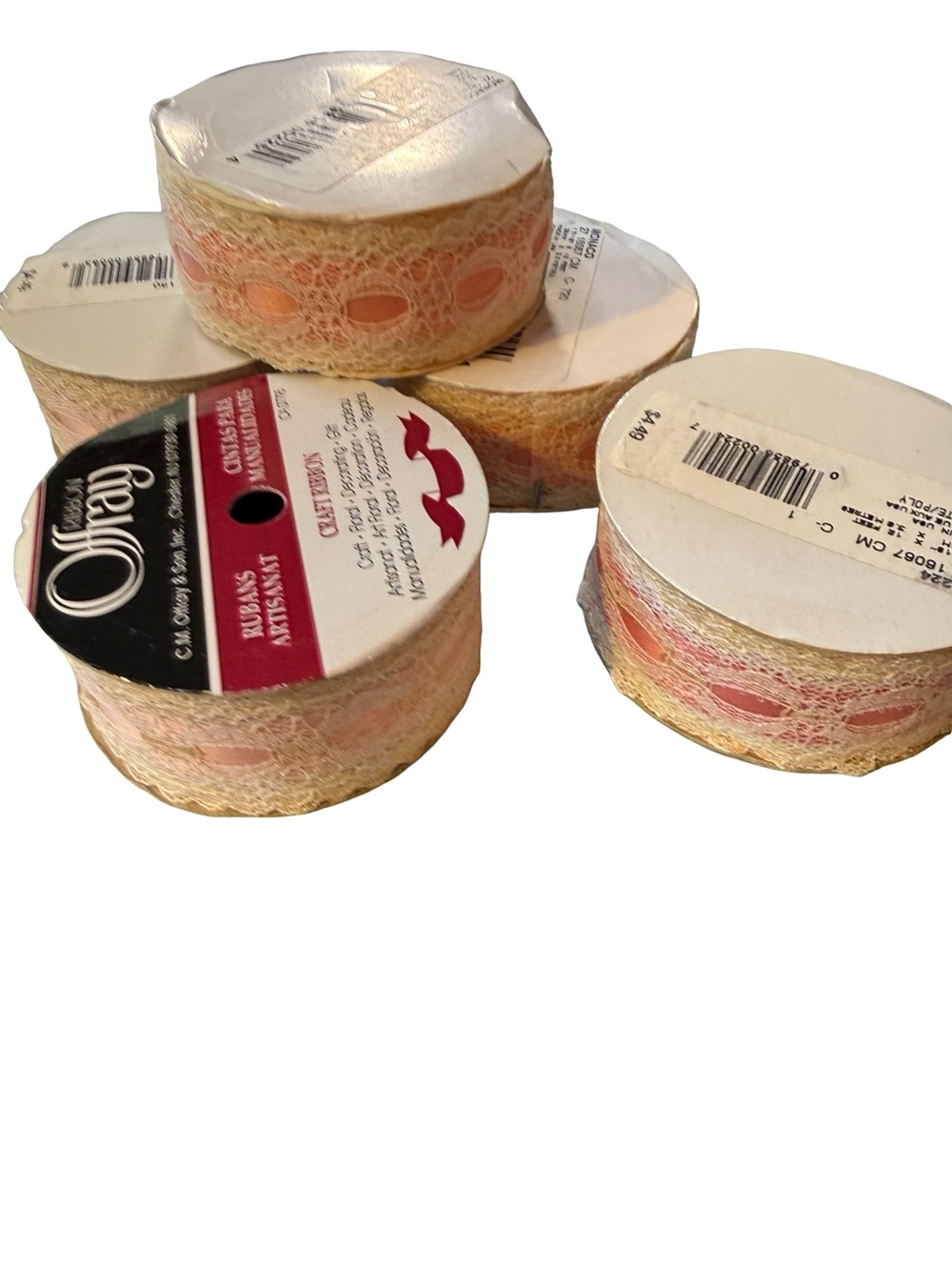 Offray Lace Ribbon Spools in Peach and Cream